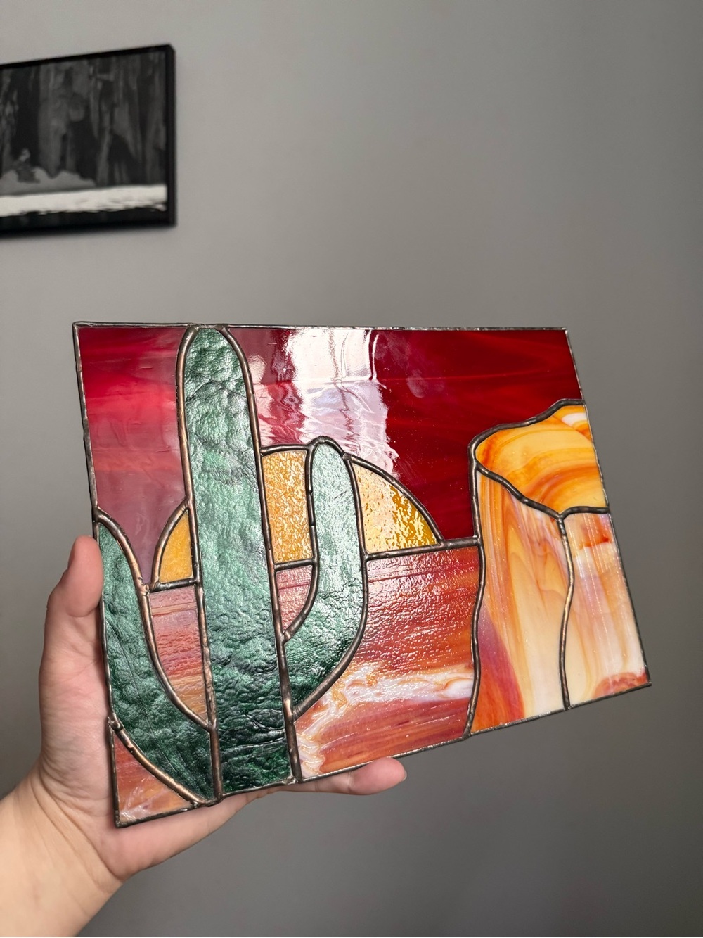 8.25x10.5" Setting Sun Desert Canyon Cactus Landscape Handmade Stained Glass Art